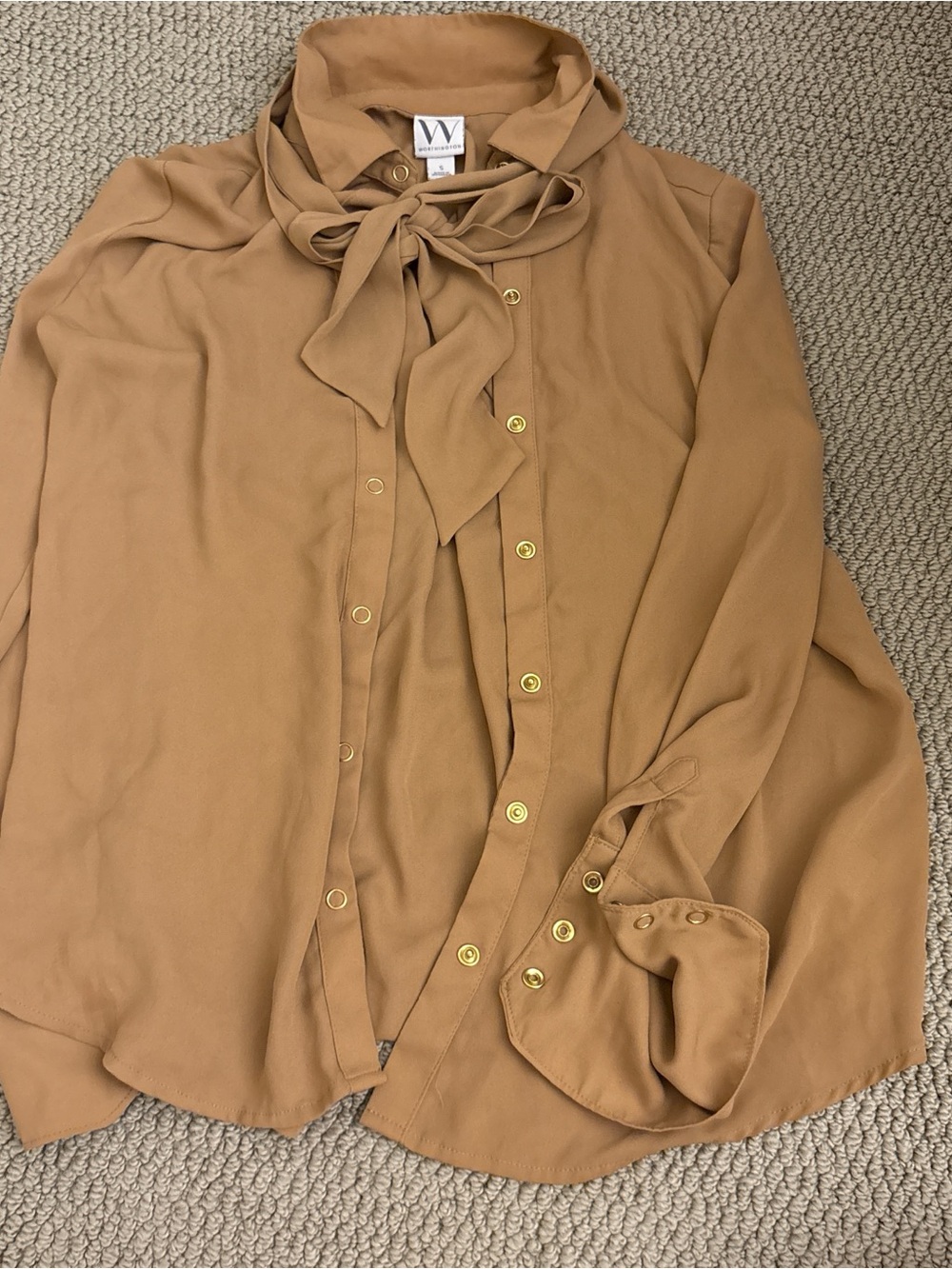 W by Worth Camel Tie-Neck Blouse with Gold Buttons